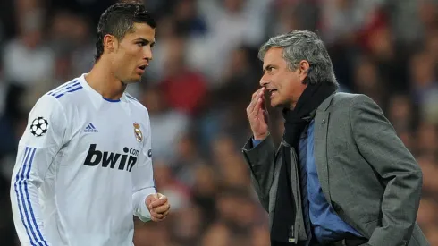 Head Coach Jose Mourinho (R) of Real Madrid instructs Cristiano Ronaldo during the UEFA Champions League.