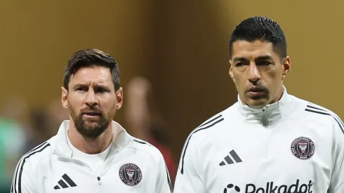 Lionel Messi #10 and Luis Suarez #9 of Inter Miami CF looks on during warm ups prior to the FIFA Club World Cup 2025