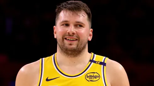 Luka Doncic #77 of the Los Angeles Lakers reacts after a basket during the second quarter against the Houston Rockets.