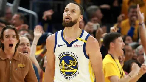 Stephen Curry #30 of the Golden State Warriors reacts after making a basket against the Memphis Grizzlies in the second half of the NBA play-in tournament game at Chase Center on April 15, 2025 in San Francisco, California.