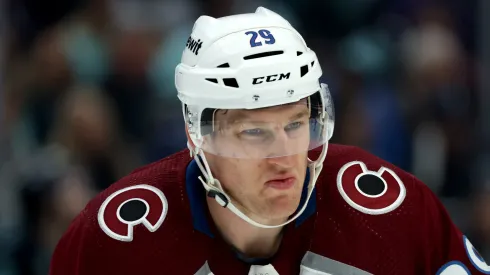 Nathan MacKinnon #29 of the Colorado Avalanche against the Seattle Kraken in Seattle, Washington.