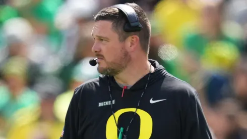 HC Dan Lanning of the Oregon Ducks looks on during the Oregon spring game.