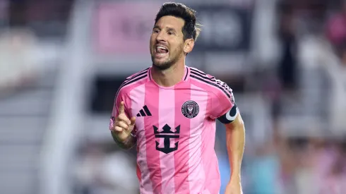 Lionel Messi celebrates after scoring against LA Galaxy.