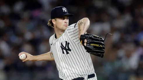 Cam Schlittler pitches against the Twins on August 13, 2025 in New York City.