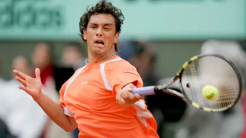 Mariano Puerta of Argentina in action against Rafael Nadal of Spain during the 2005 Roland Garros.