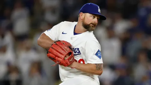Kirby Yates #38 of the Los Angeles Dodgers pitches during a 5-2 Los Angeles Dodgers win.