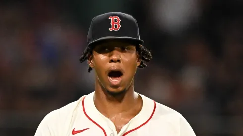 Brayan Bello reacts during the 6th inning against the Royals on August 04, 2025 in Boston.