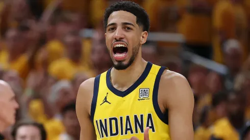Tyrese Haliburton #0 of the Indiana Pacers celebrates during the third quarter against the Oklahoma City Thunder in Game Four of the 2025 NBA Finals.