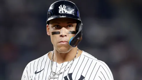 Aaron Judge stands on first base against the Twins on August 12, 2025 in the Bronx.