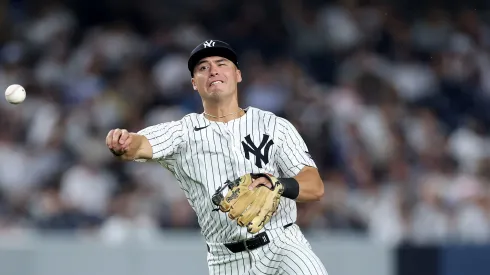 Anthony Volpe fields a hit against the Twins on August 12, 2025 in the Bronx.
