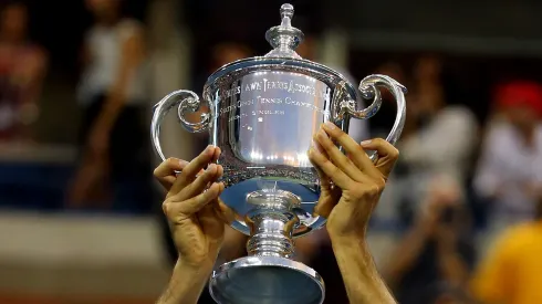A detailed view of the US Open trophy.