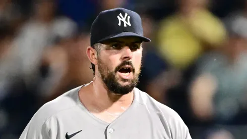 Carlos Rodón reacts against the Rays on August 19, 2025 in Tampa.