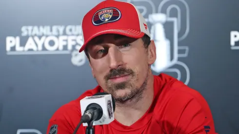 Brad Marchand #63 of the Florida Panthers takes questions from the media.