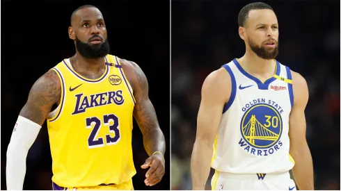 LeBron James #23 of the Los Angeles Lakers and Stephen Curry #30 of the Golden State Warriors.