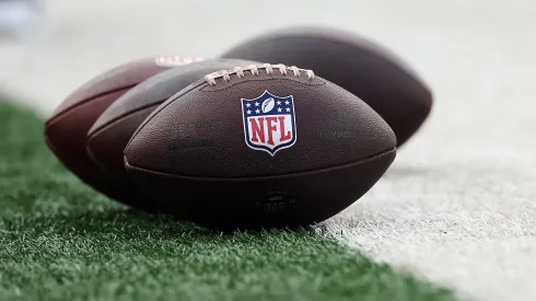 Detail of Wilson footballs with the NFL logo before the first half of the NFL Preseason 2025 game.