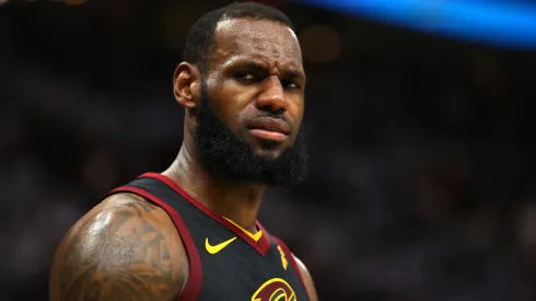 LeBron James #23 of the Cleveland Cavaliers reacts after a play in the fourth quarter against the Boston Celtics.
