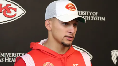 Patrick Mahomes speaks to the media during OTAs on May 29, 2025.
