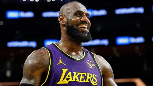 LeBron James #23 of the Los Angeles Lakers reacts during a 120-112 win against the Golden State Warriors.
