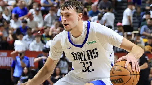 Cooper Flagg #32 of the Dallas Mavericks handles the ball against the Los Angeles Lakers in the Summer League.