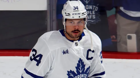 Auston Matthews #34 of the Toronto Maple Leafs skates prior to the game against the Florida Panthers.