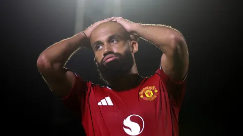 Bryan Mbeumo of Manchester United reacts during the Carabao Cup Second Round match against Grimsby Town.