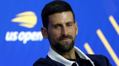 Novak Djokovic of Serbia fields questions during Media Day ahead of the US Open.