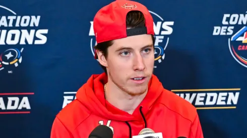 Mitch Marner takes questions during media day ahead of the 2025 NHL 4 Nations Face-Off.