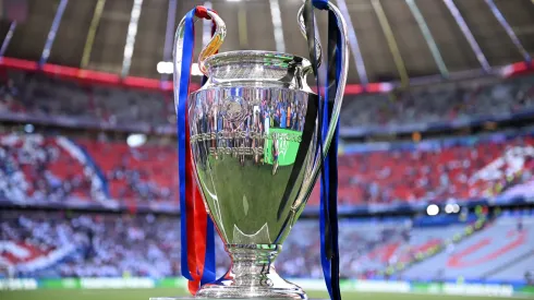 A detailed view of the UEFA Champions League trophy.