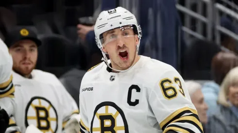 Brad Marchand #63 of the Boston Bruins at Climate Pledge Arena on February 26, 2024 in Seattle, Washington.