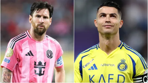 Lionel Messi #10 of Inter Miami CF and Cristiano Ronaldo #7 of Al Nassr.
