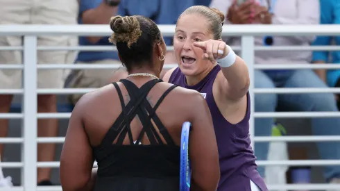 Jelena Ostapenko argues with Taylor Townsend following their US Open match.
