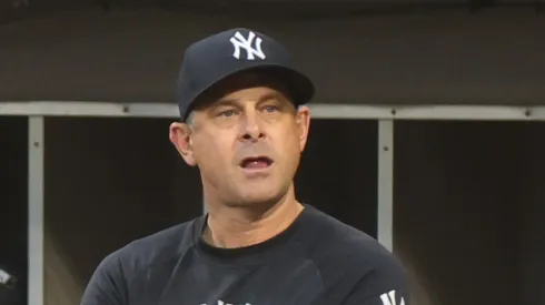 Aaron Boone look on vs the White Sox at Rate Field on August 28, 2025 in Chicago.