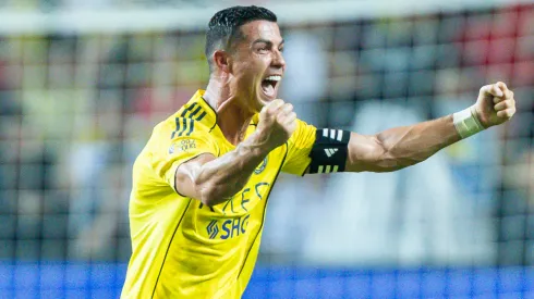 Cristiano Ronaldo of Al-Nassr (L) celebrates after Joao Felix of Al-Nassr (not in picture) scored his goal during to the Saudi Super Cup semi final.