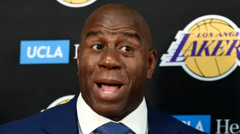 Magic Johnson speaks during a press conference with Los Angeles Lakers.