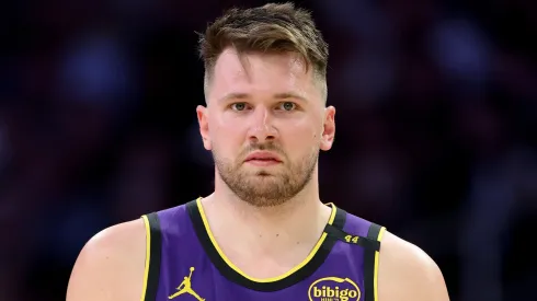 Luka Doncic #77 of the Los Angeles Lakers looks on during the first half of a game against the Dallas Mavericks.