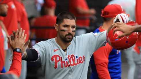 Nick Castellanos celebrates a run vs the White Sox on July 30, 2025 in Chicago.