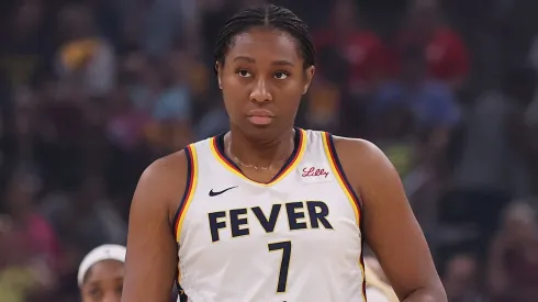 Aliyah Boston #7 of the Indiana Fever looks on against the Chicago Sky during the second half at the United Center on July 27, 2025.