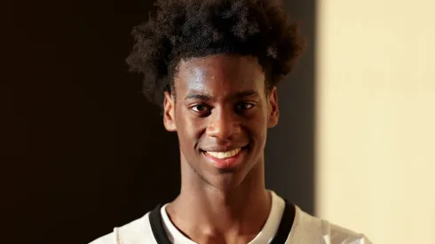 AJ Dybantsa #3 of Prolific Prep of Napa Christian poses for a portrait after their game against Accelerated Prep at Napa Valley College on February 25, 2024.