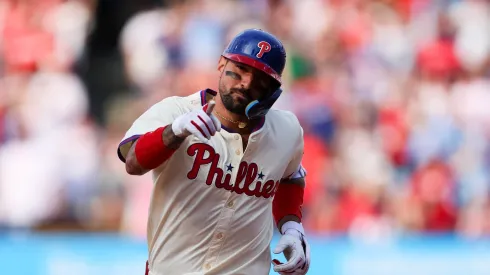 Nick Castellanos gestures during a game vs the Tigers on August 02, 2025 in Philadelphia.