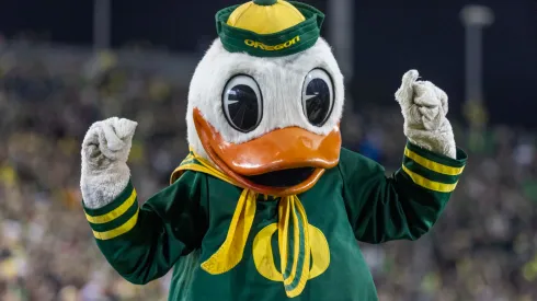 Puddles the mascot of the Ducks cheers against USC on November 11, 2023 in Eugene.