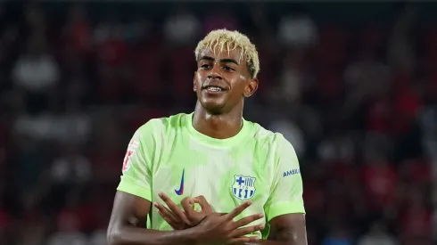 Lamine Yamal of FC Barcelona celebrates scoring his team's third goal