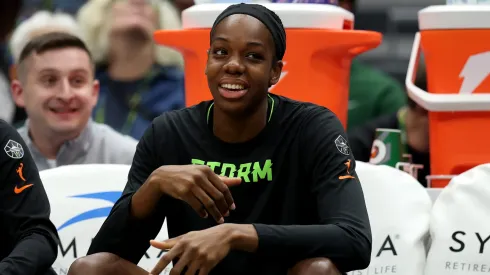 Dominique Malonga #14 of the Seattle Storm looks on during the game against the Dallas Wings in 2025.