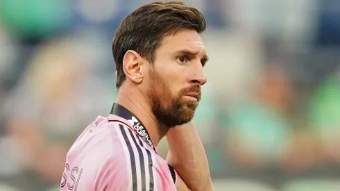 Lionel Messi #10 of Inter Miami CF looks on with the Runners-up medal after the Leagues Cup Final.