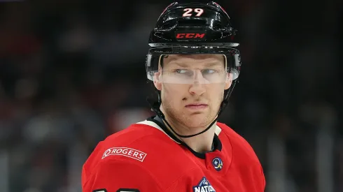 MacKinnon #29 of Team Canada plays against Team Finland in the 4 Nations Face-Off.