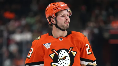 Mason McTavish #23 of the Anaheim Ducks skates with the puck.