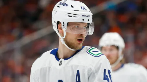 Elias Pettersson #40 of the Canucks skates vs. Oilers in the 2024 Stanley Cup Playoffs.