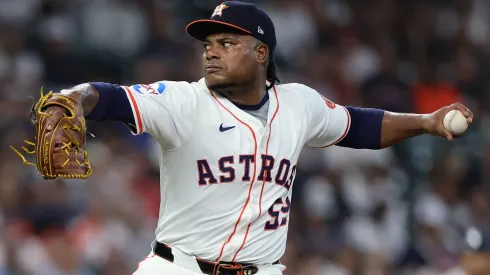 Framber Valdez #59 of the Houston Astros pitches.