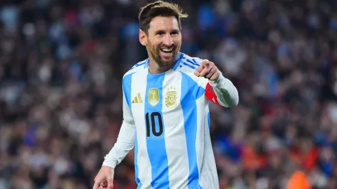 Lionel Messi of Argentina celebrates after scoring the team's third goal against Venezuela.