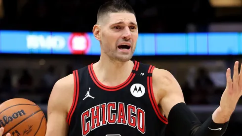 Nikola Vucevic #9 of the Chicago Bulls reacts against the Charlotte Hornets.