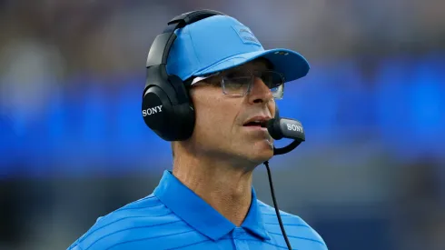 Jim Harbaugh during a Chargers preseason loss on August 16, 2025 in Inglewood.